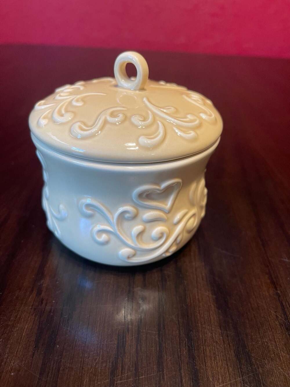 Brighton Collectibles Cream Ceramic Swirl Scroll Patterned Candle Jar with Lid